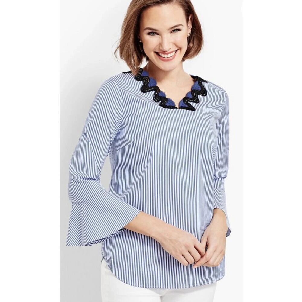 Talbots Embroidered Rick Rack Trim Top Blouse Bell Sleeves 2X Striped Nautical